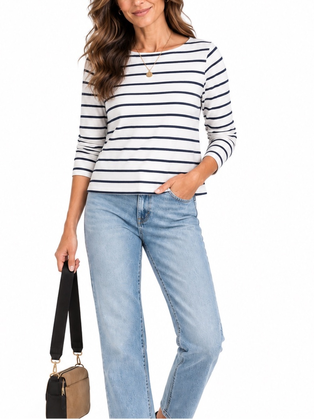 Joe Fresh White Long-Sleeve Striped Boatneck Top - Navy Stripes
